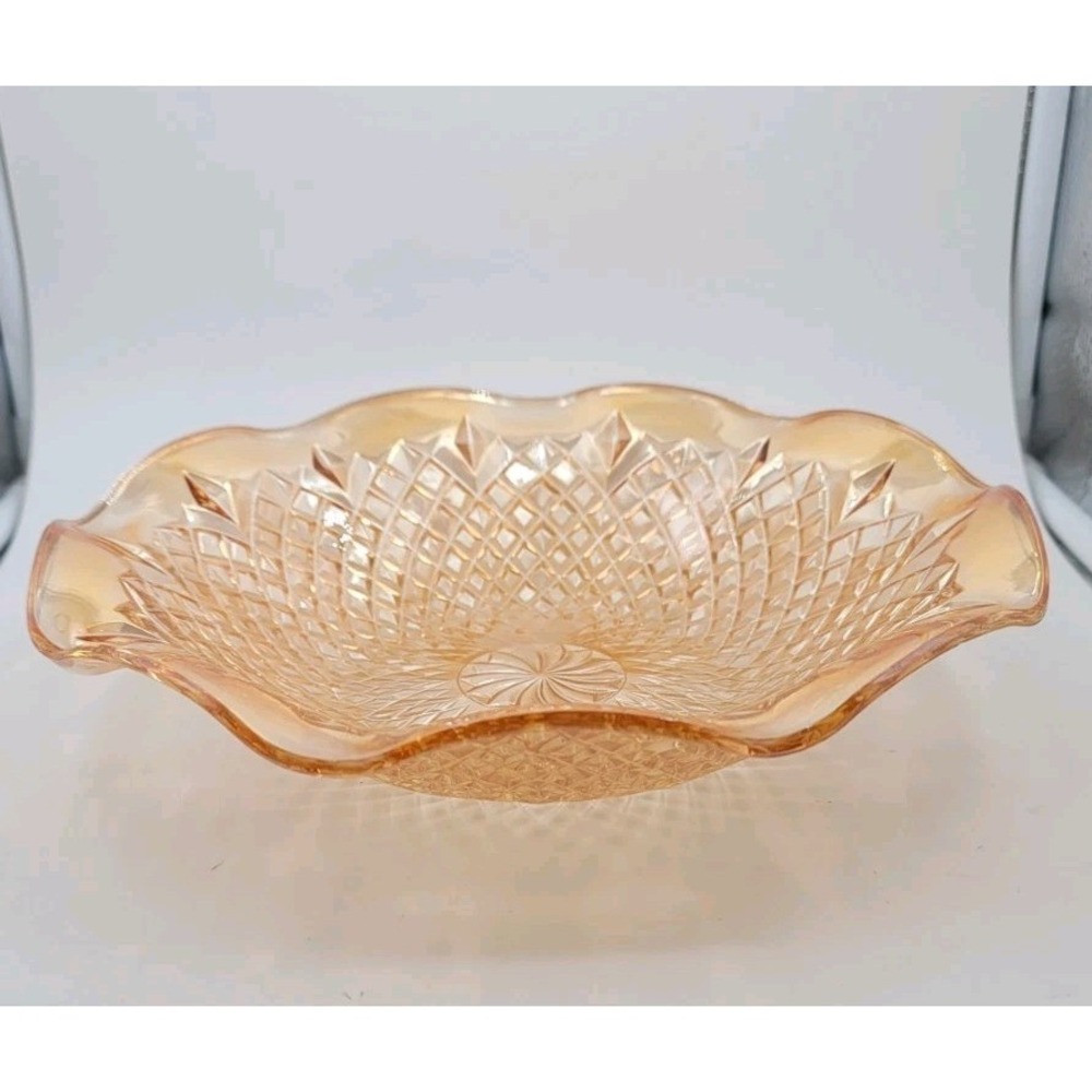 Vintage 1940s Indiana Glass Orange Carnival Glass Ruffled Diamond Point Bowl 11"
